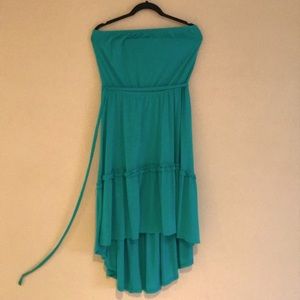 Aqua colored strapless sundress